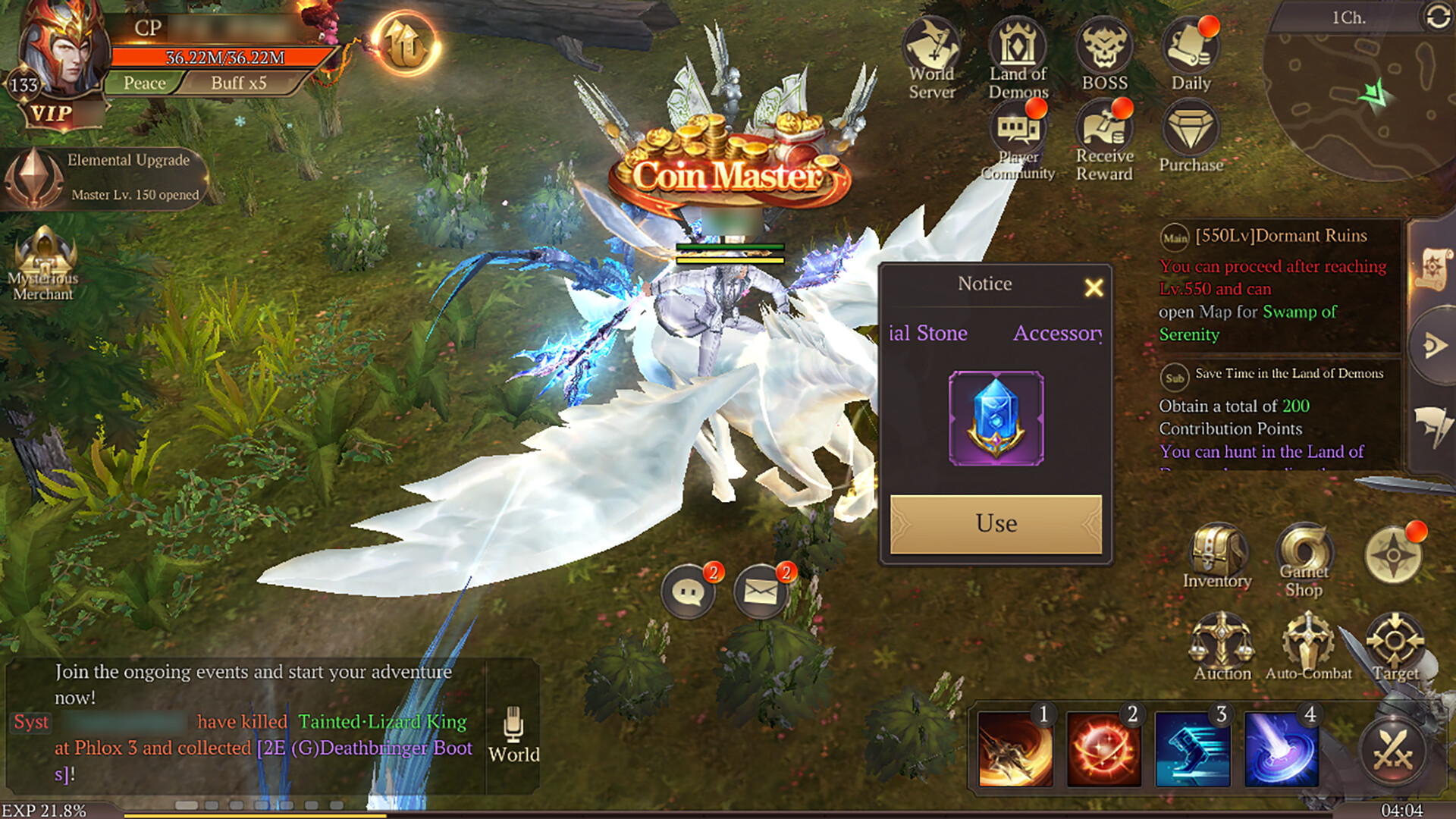 MU: Dark Epoch in-game screenshot showing a player riding a winged mount in combat with in-game UI and an event popup visible