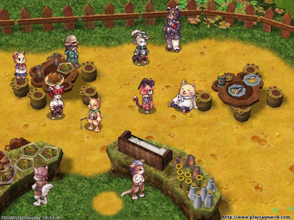 Ragnarok Online in-game screenshot showing Doram characters gathered around tables in a fenced garden/dining area