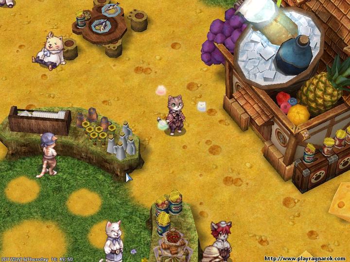Ragnarok Online in-game screenshot showing a Doram character near a fruit and food market stall